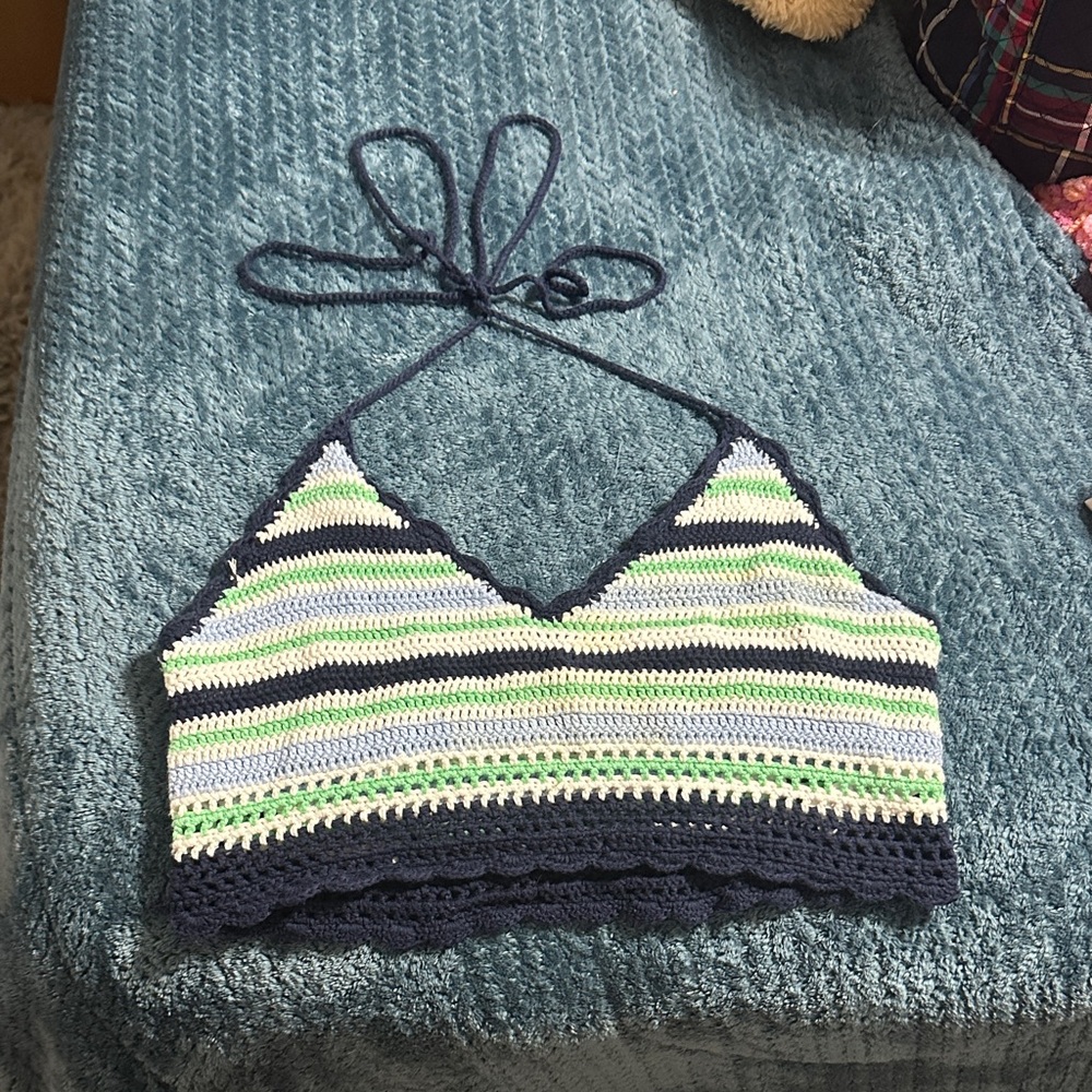 Aerie Striped Crochet Crop Top - Navy, Green, White